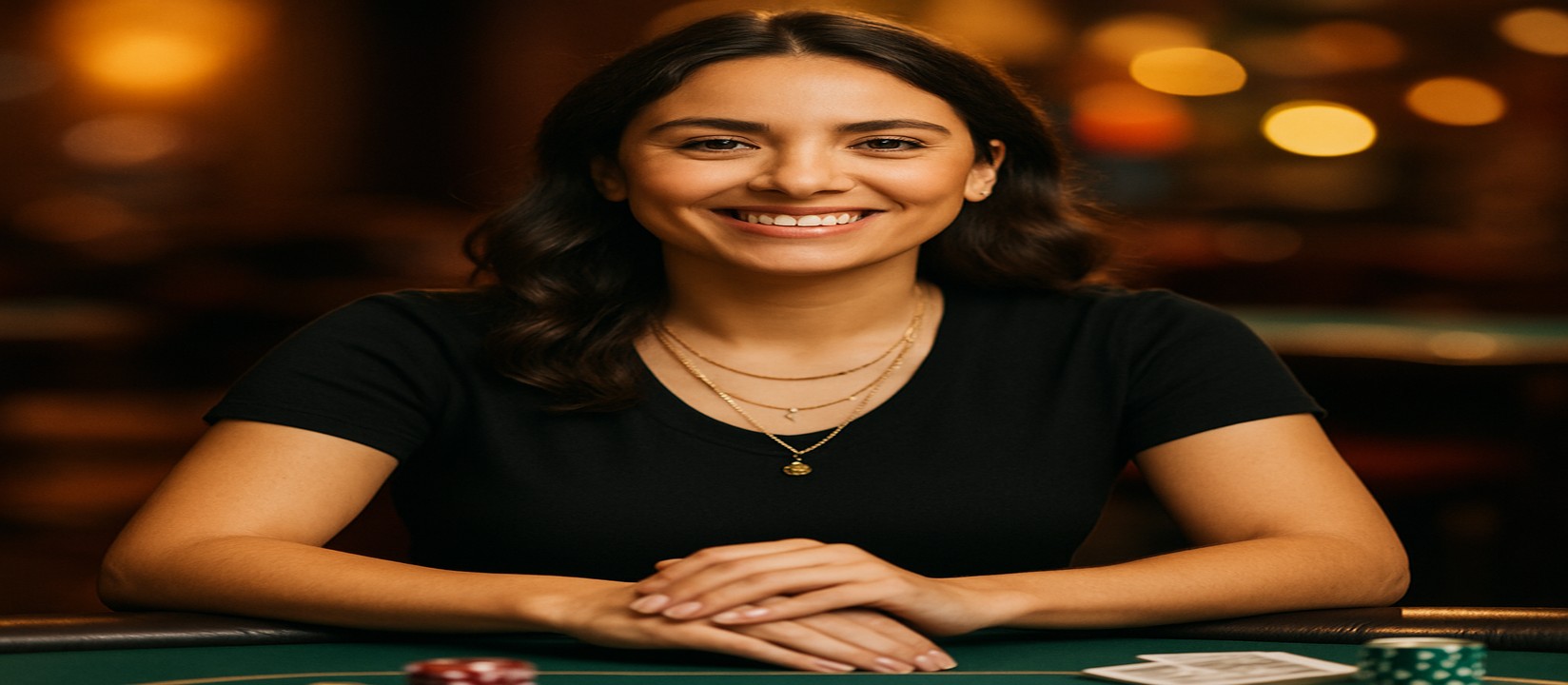 tap555-র গেমিং প্ল্যাটফর্মে কার্ড টেবিলে সামনে চিপস ও কার্ডসহ হাসিখুশি এক নারী উপস্থাপিকা নানান ধরনের গেমের বিস্তৃত নির্বাচন উপস্থাপন করেন