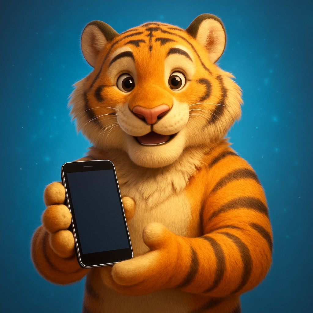 স্মার্টফোনে tap555 অ্যাপ ব্যবহার করছে এই কার্টুন বাঘশাবকটি