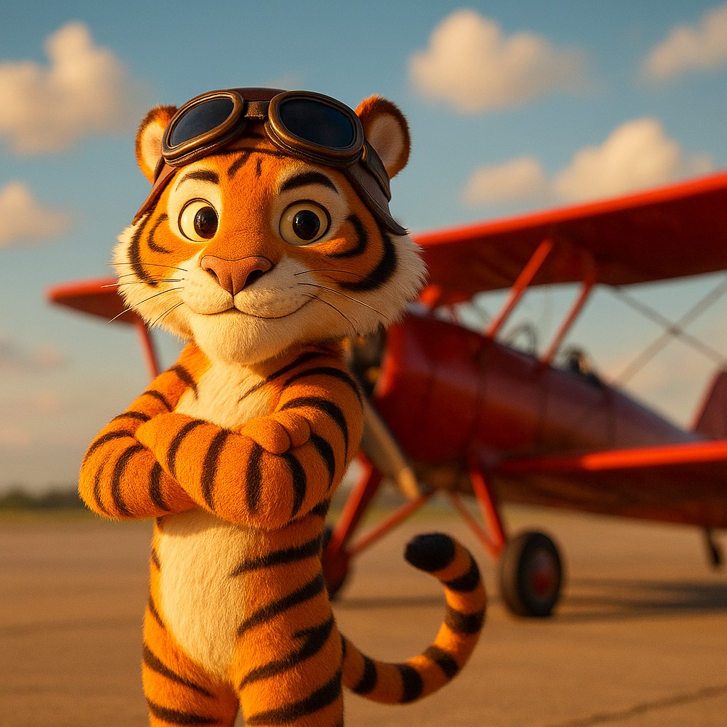 লাল বিমানের পাশে দাঁড়িয়ে থাকা টাইগার পাইলট—এভিয়েটর গেমটির প্রতীক হিসেবে পরিচিত