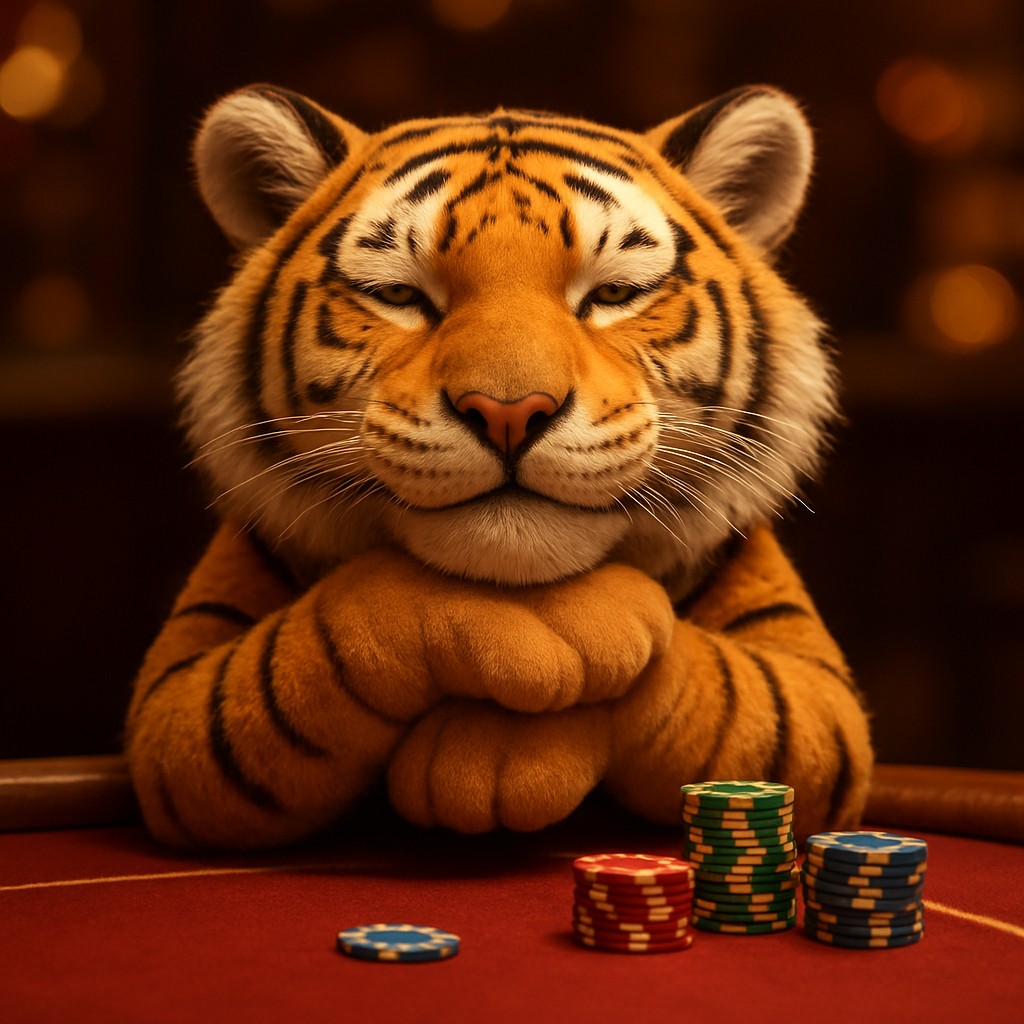 tap555 গেমিং প্ল্যাটফর্মে চিপস নিয়ে হাসিখুশি টাইগার শাবকের দৃশ্য