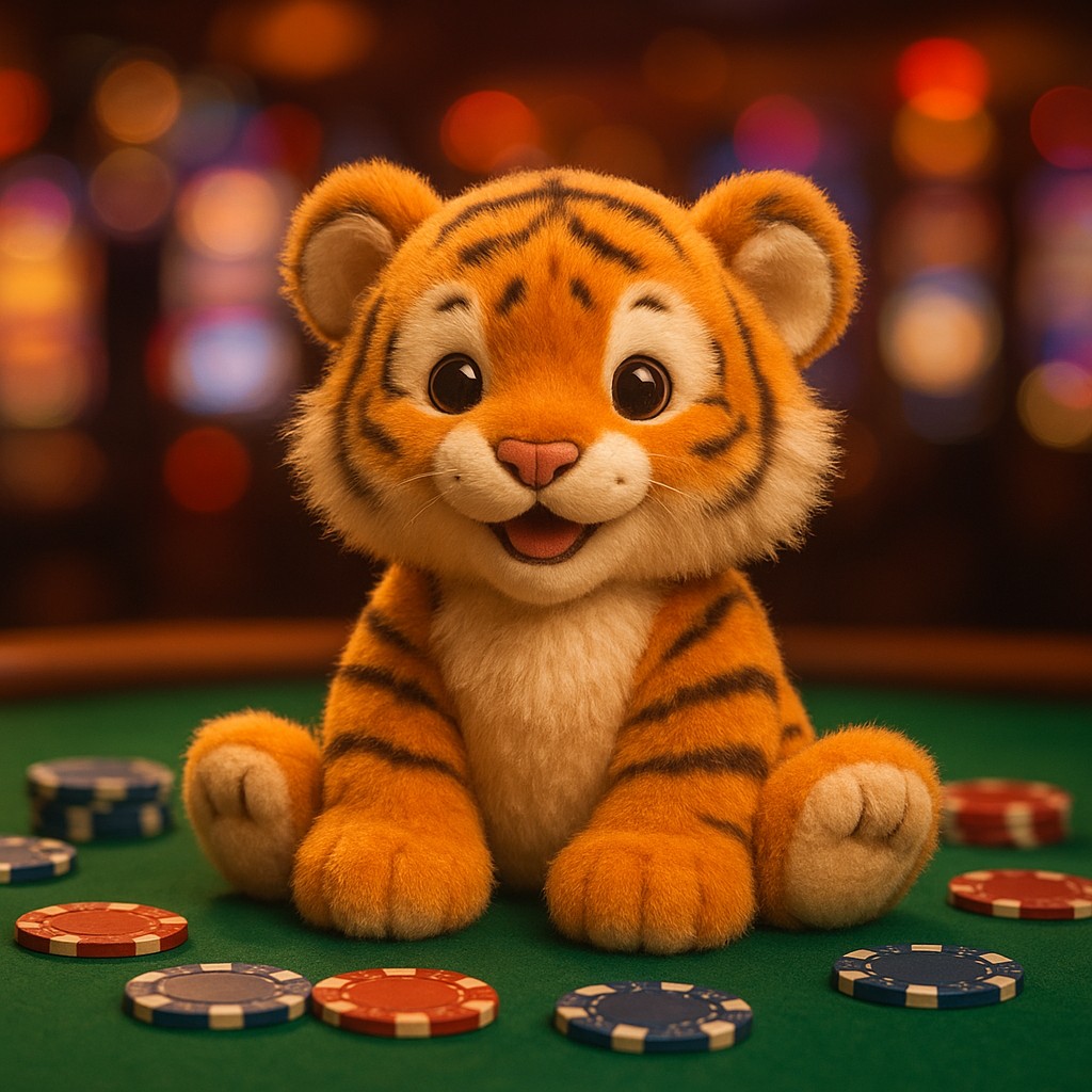 একটি ছোট বাঘের বাচ্চা একটি টেবিলের ওপর বসে আছে এবং সামনে গেমিং চিপস রয়েছে।