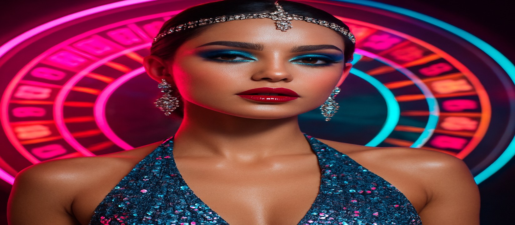 চাকার সামনে দাঁড়িয়ে থাকা এক নারী, উজ্জ্বল পোশাকে এবং সঙ্গে রঙিন গেমিং