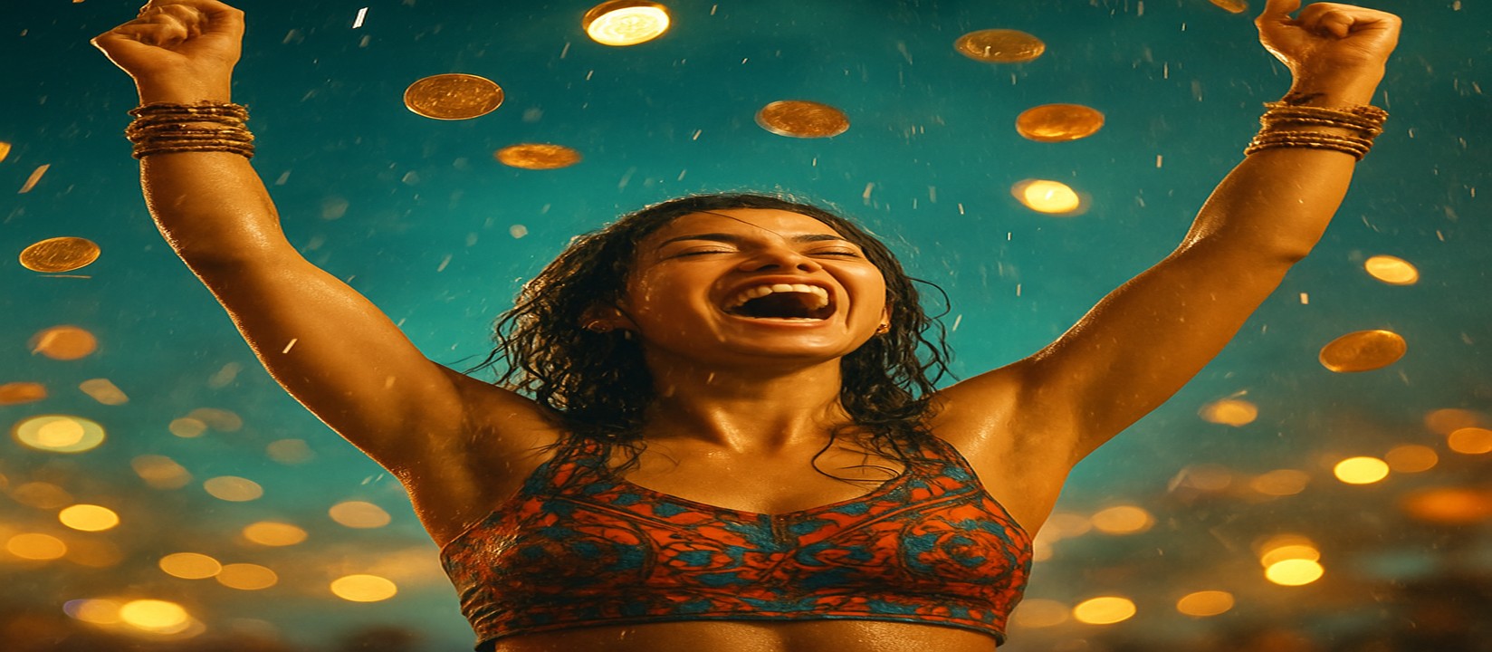 মুদ্রার ঝরনার মাঝে রঙিন পোশাকে এক নারী উপস্থিত